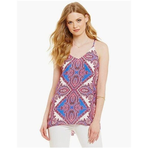 Womens Tunic Blouse Tank M Pink Blue Indie Paisley Sleeveless Boho Costal Loose - Picture 3 of 10